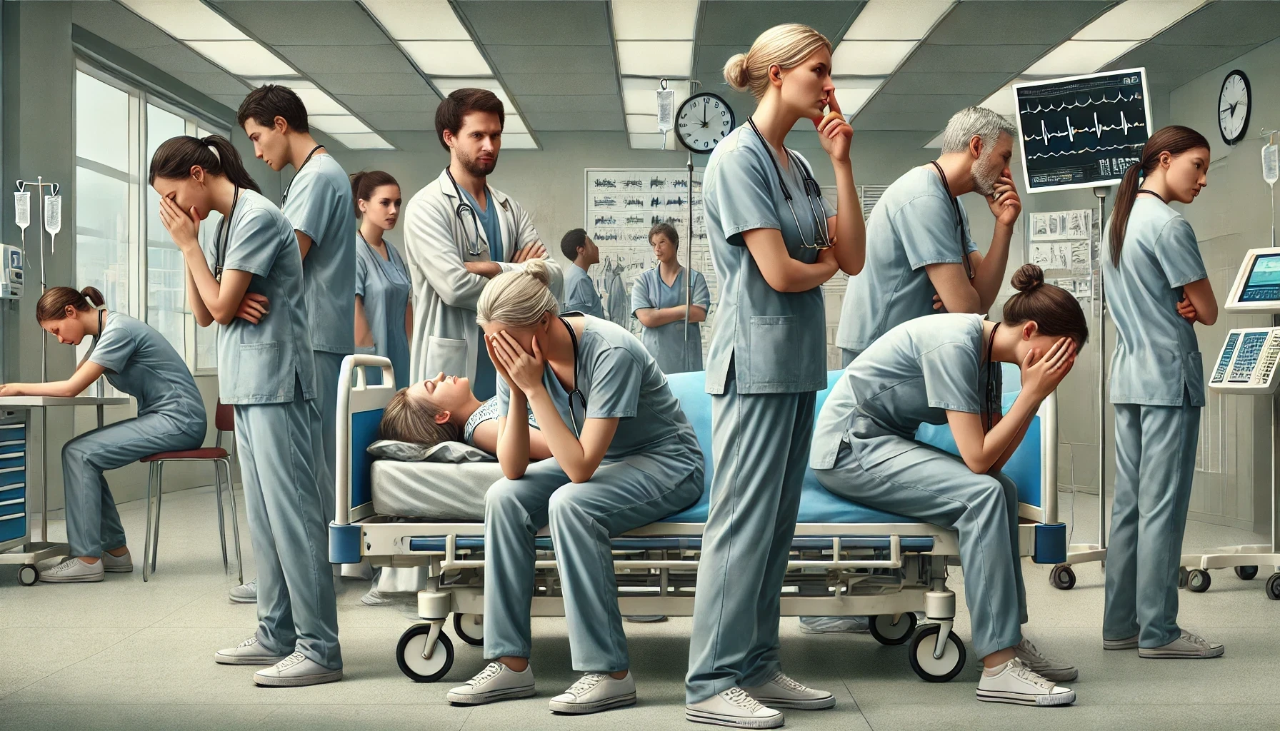 DALL·E 2024-08-01 14.43.47 - A realistic illustration in a landscape, 19_9 format, depicting the exhaustion and stress faced by healthcare workers. The scene shows a group of nurs Graphique - Entreprises qui utilisent au moins un système d'IA